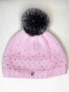Toni Sailer Women’s Pink Knit Fur Pom Pom Beanie Rhinestone & Swarovski Crystals